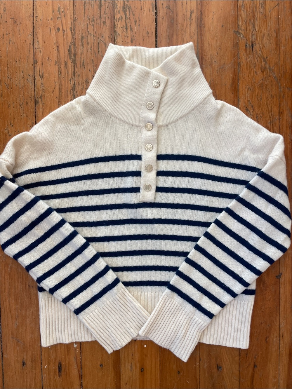 Maje Cream and Navy Striped Cashmere Sweater